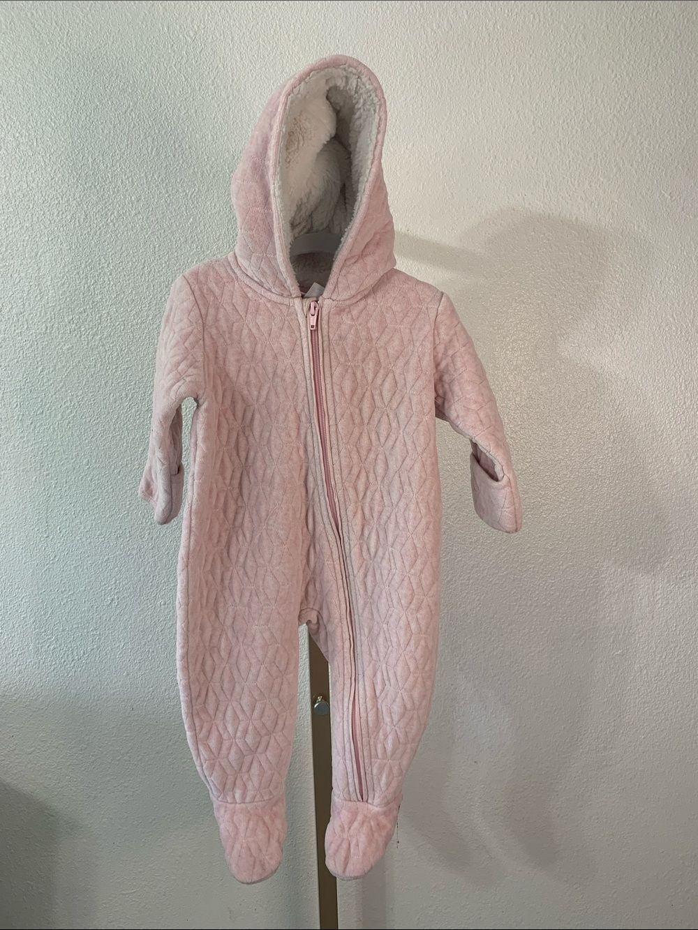 Soft Quilted Pink Hooded Baby One-Piece with Sherpa Lining
